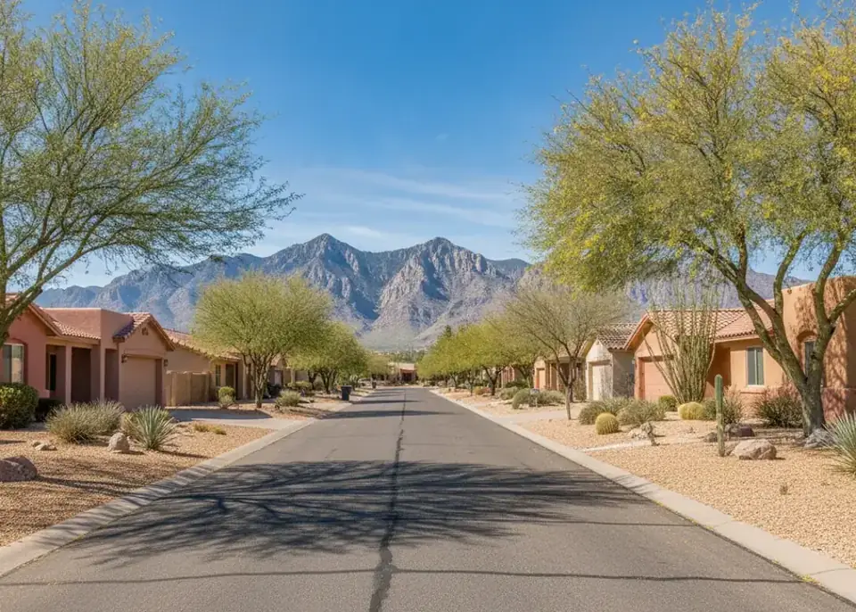 Tucson street with stucco homes, gravel yards and mountains beyond