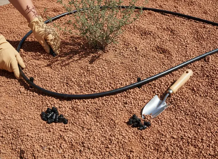 Drip irrigation tubing and emitters at the base of a desert shrub