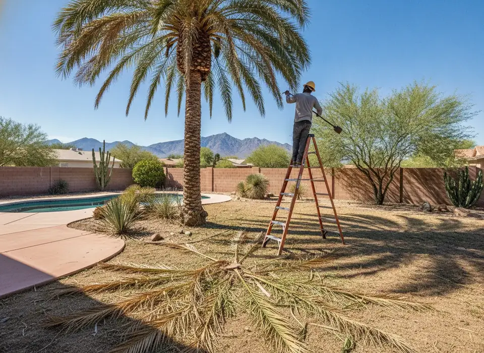 Worker seen from behind trimming dead fronds from a palm tree