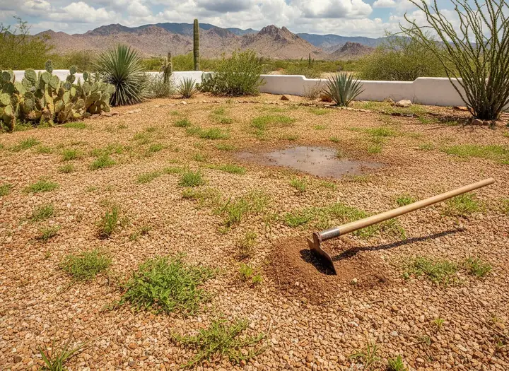 Weeds sprouting through gravel in a desert yard after rain